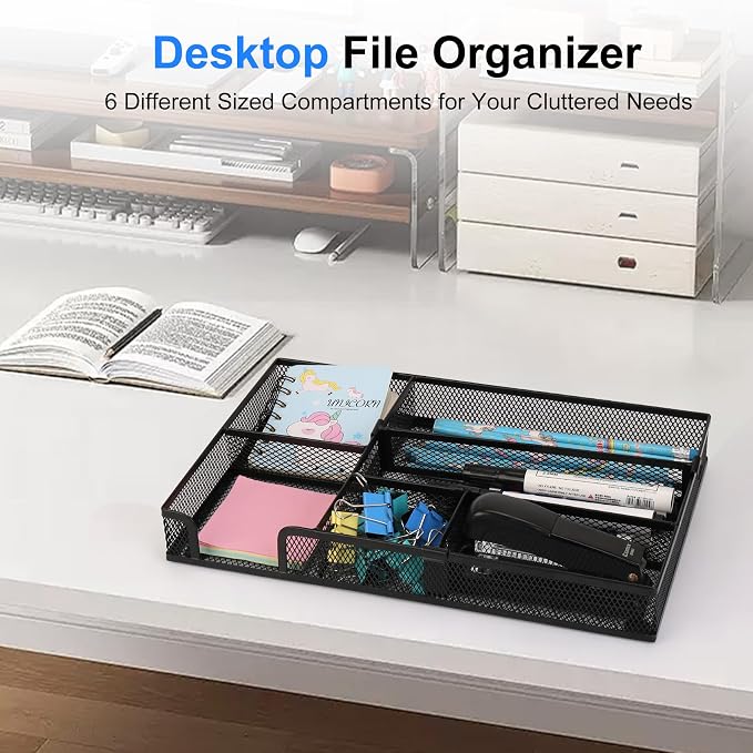 Desk Organizer, Desk Drawer Organizer Tray with Adjustable Dividers, Black Desktop Metal Mesh Office Desk Organizer, Stackable Multifunctional Pen Organizer for Office School Home Makeup Supplies (1)