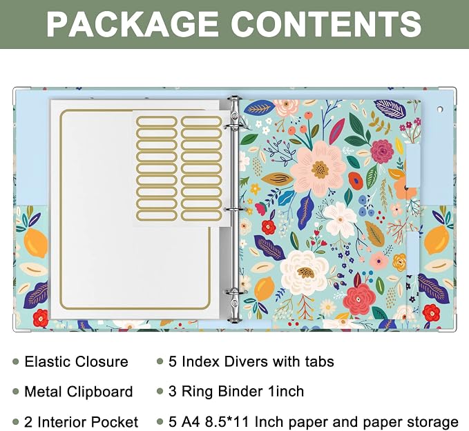 Rouidr 3 Ring Binder with clipboard, 1 inch 8.5 x 11 in Letter Size View Binders Organizer with Dividers Tabs & Clear Sleeves, School Supplies, Office Supplies, Green Flower