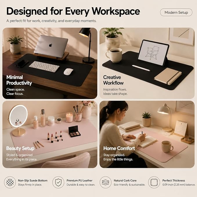 AFIING Cork Desk Mat, Black,23.6" x 13.7", Desk Pad Protector | Dual-Sided Cork & PU Leather, Waterproof, Non-Slip for Mouse, Writing, Home Office& Laptop