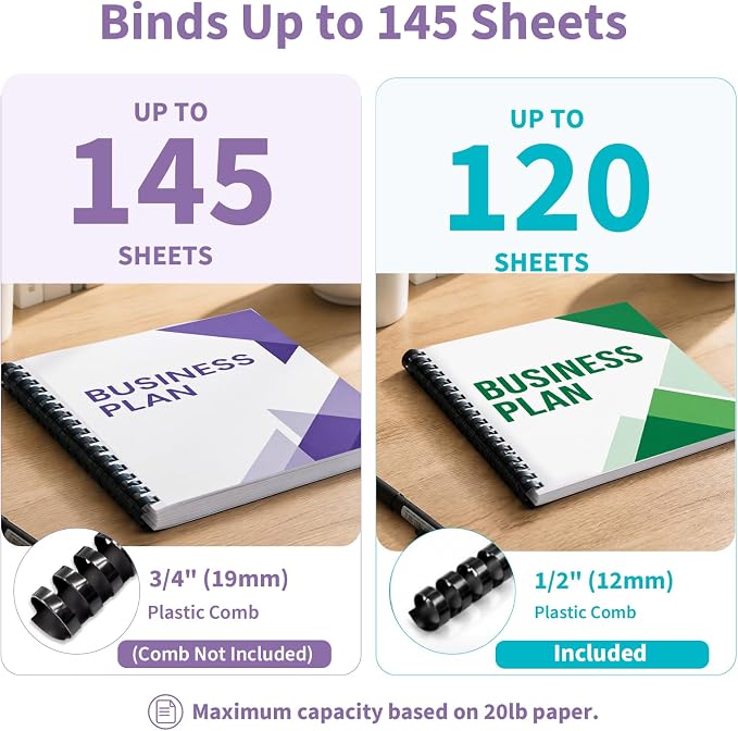 Binditek Binding Machine, 19Hole, 145 Sheets, for Letter Size, Fixed Margin | Comb Binding Machine, Punch 6-8 Sheet, 145 Sheets, Comb Binder Machines with 30 Pcs 1/2" Binding Combs, for Letter Size