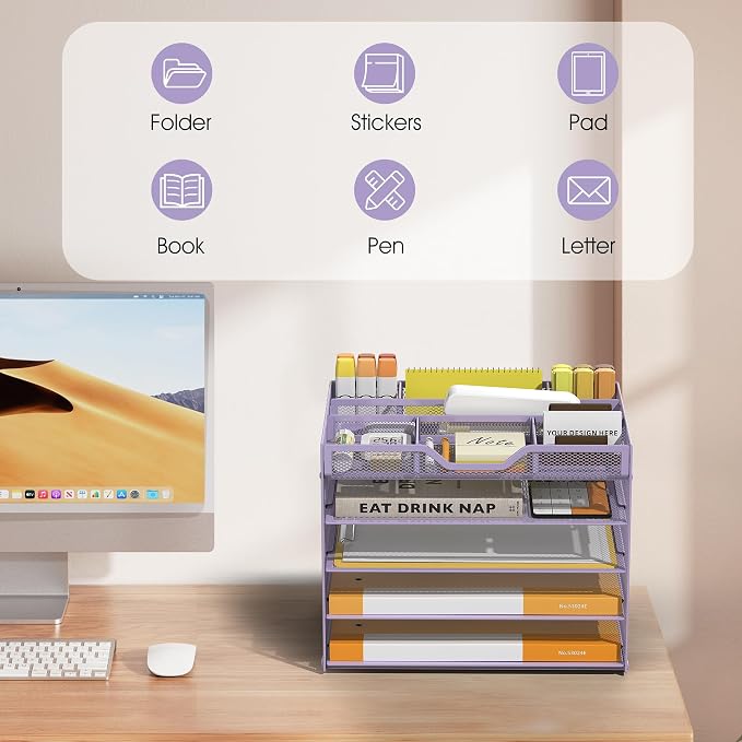 5 Tier Paper Letter Tray Desk Organizer with Pen Holders - Purple | Features 3 pen holders and 4 removable dividers.Versatile mesh desktop storage for mail, document,office supplie