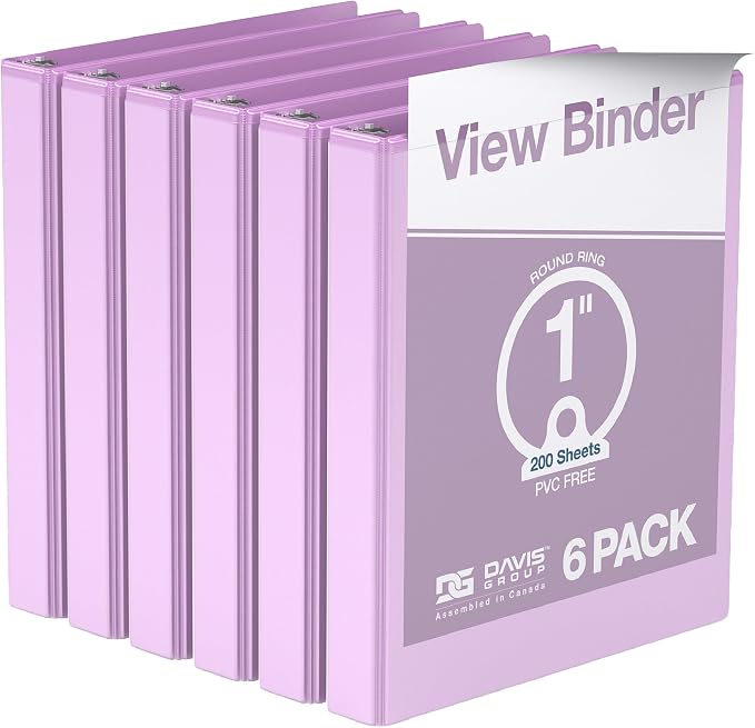 Pack of 6 Premium View Binders, Ring Binders with Clear-View Cover and Interior Pockets, Pastel Color Options, 1 Inch, Lavender
