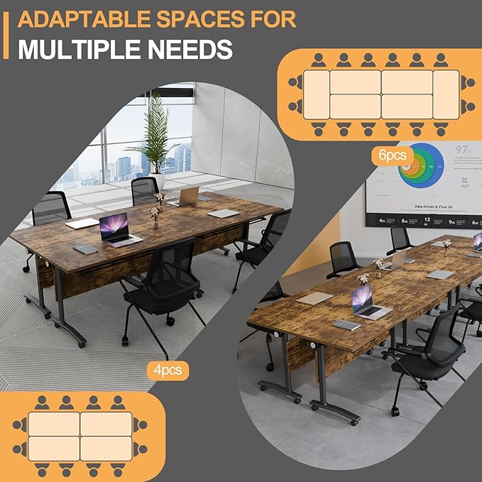 Folding Conference Table 4ft 5ft, Foldable Office Meeting Desk for 6 People, Multiple Sizes Colors Mobile Conference Room Table for Training Room School Business Furniture (6, Brown, 47in)
