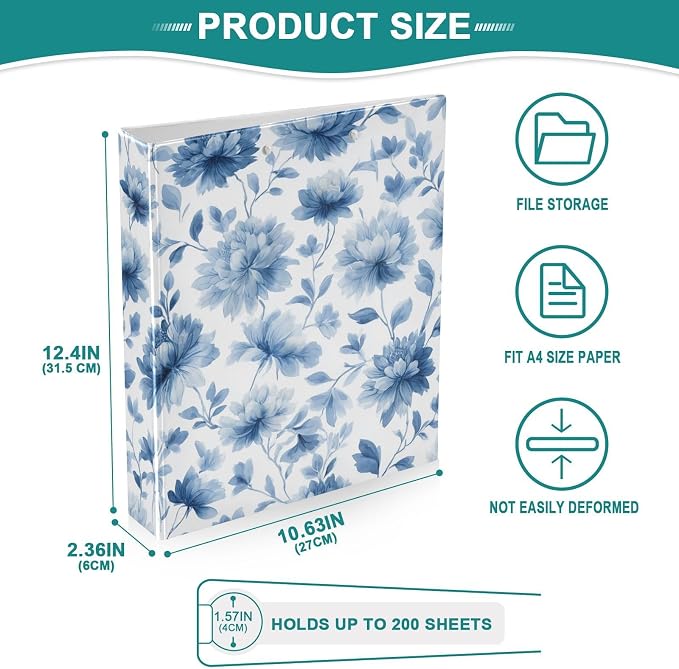 Blue Floral Round Ring Binder for Recipe Budge Storage Organizer, Printed D Ring 1.5 Inch Binders for Office Work School Aesthetic Binder with Clear Pocket Non-Slip Clip