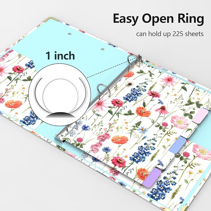 3 Ring Binder 1 Inch Round Ring Binder with 6 Tab Dividers，2 Interior Pockets，Cute Binder Clipboard with Storage, for School Office, Portfolio(Wild Flowers)