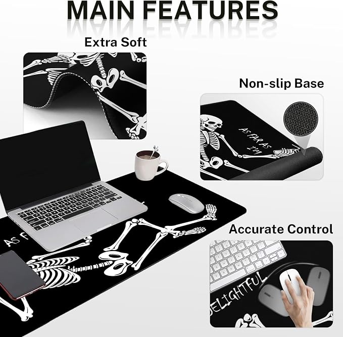 Keyboard Mouse Pad Set, 4 in 1 Desk Mat Set, Skull Skeleton Black | Large Mousepad+Keyboard Wrist Rest+Mouse Wrist Rest+Coaster Ergonomic Design for Home Office Computer