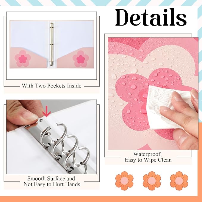 ReliThick 4 Pcs Retro Plaid Floral 3 Ring Binder, 1 Inch Round Ring with Interior Pockets, Decorative Retro Binders, Clipboard Binder, Groovy School Supplies for School Office, Letter Size