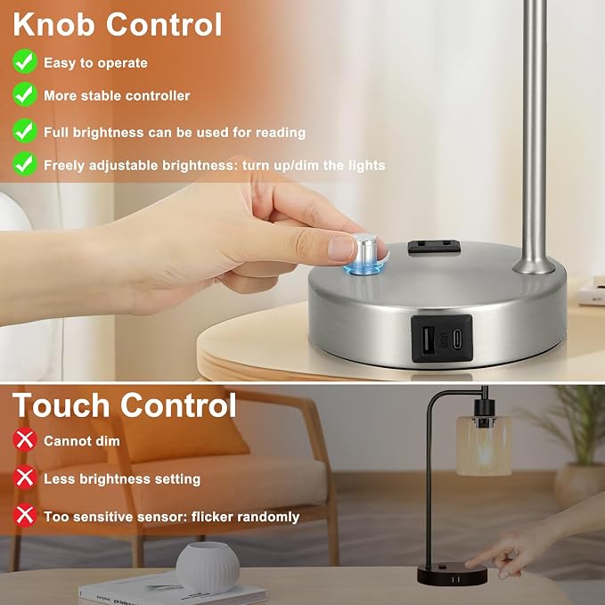 Industrial Table Lamps for Bedrooms Set of 2 - Fully Dimmable Bedside Lamps with USB A and C Ports and Outlet, Nickel Nightstand Lamps with Glass Shade for Living Room, Desk Lamps for Office Reading