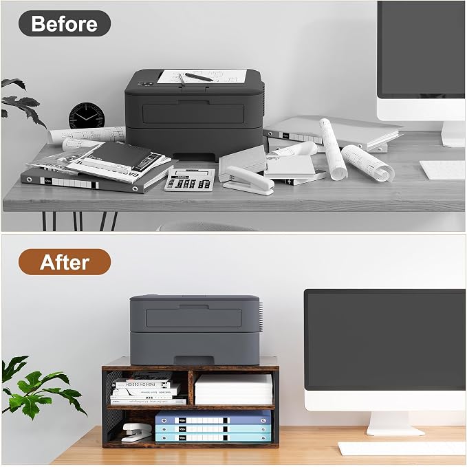 TQVAI Wood Desktop Printer Stand for Countertop, Built-in Shelves for Paper, Ink Cartridges, Supplies, 2 Tier Multi-Functional Printer Organizer for Home Office with Metal Frame，Antique Brown
