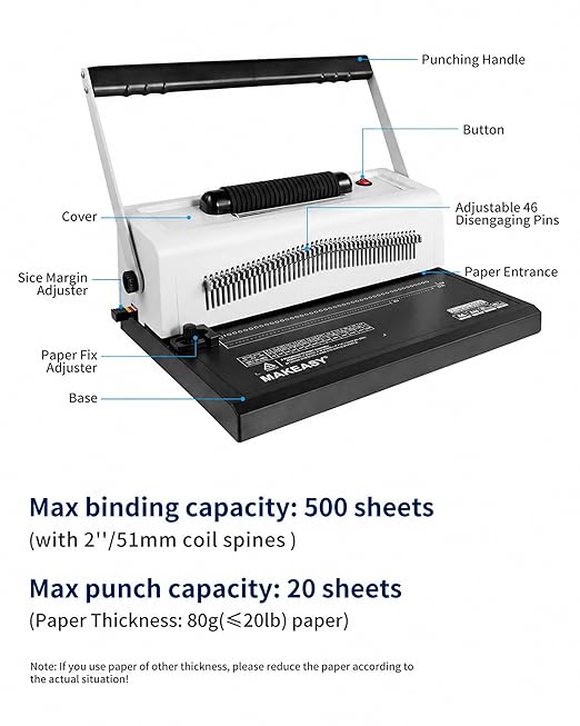 Spiral Coil Binding Machine with 46 Fully Disengaging Pins - 4:1 Pitch - Electric Coil Inserter - Adjustable Side Margin, Comes with Free 1 Box Coil Spines & Plier, 20 Sheet Punch Capacity
