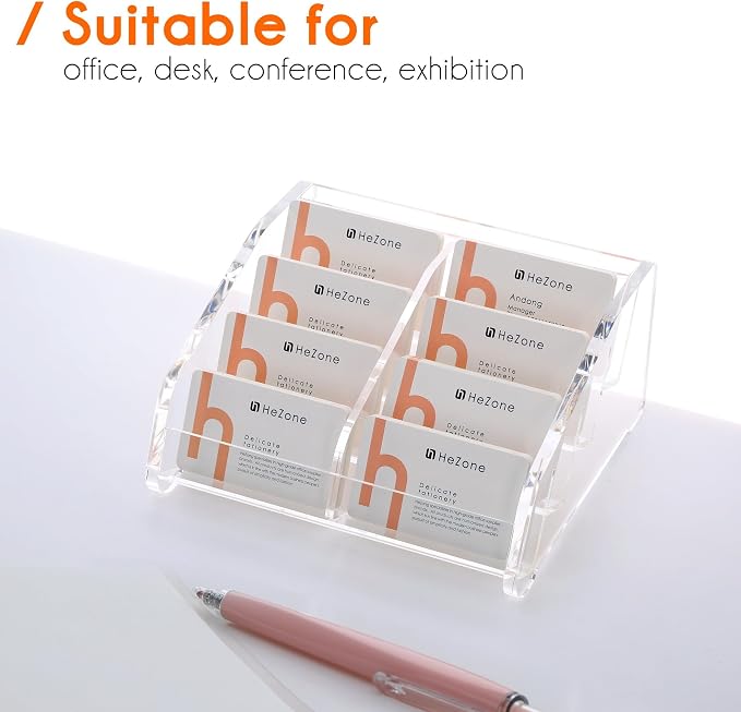 HeZone Business Card Holder for Desk Clear Acrylic Cards Stand Rack Multiple 8 slots 4 Tier, Business Card HolderDisplay for Women and Men Organize 400 Cards (8 Slots)