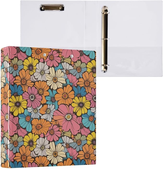 Retro Groovy Hippie Flowers Binder 1.5 Inch Binder with Clipboard&Pockets, Fancy Boho Daisy Hardcover Binders 3 Ring, Heavy Duty Large File Folder for Office School Supplies - Holds 200 Sheets