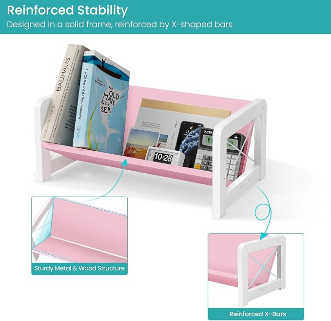 ELITEROO Tabletop Bookshelf, Simple Wood Book Organizer for Desk, Tilted Table Bookcase, Small Desktop Book Rack for Cookbook Display, Kids Reading, Office Storage, Pink