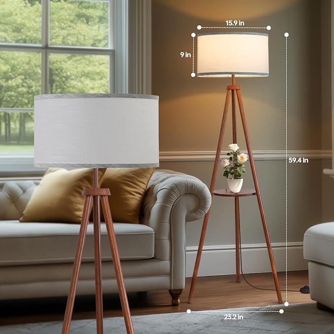 EOEYYOYB Floor Lamps for Living Room, Modern Standing Lamp with Shelf, 3 Color Temperature Led Bulb Tall Lamps with Foot Switch for Bedroom and Office, Walnut