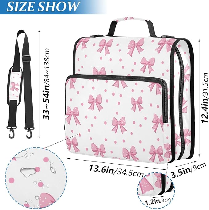 Pink Bows Dot White Zipper Binder with Shoulder Strap Trapper Keeper 3 Ring Binder Organizer Large Capacity Multiple Compartments for School Office