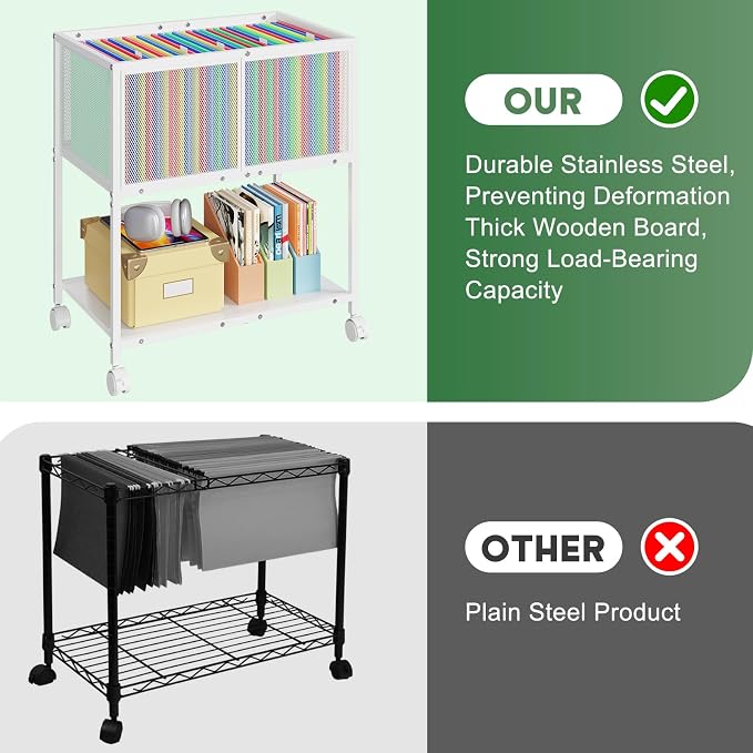 Sbanmao Rolling File Cart, Mobile File Cabinet with Wheels Hanging Files, Metal Hanging File Folder Cart File Organizer Fit Letter Size for Home Office, White
