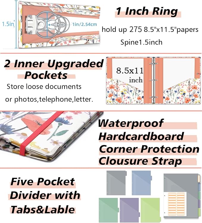 3 Ring 1 Inch Binder Organizer, KLLVE Three Ring Binders with Clipboard, 5-Tabs Pockets Dividers, Plastic Folder, 18 Divider Stikers,Pen Loop (Flora, Letter Size)