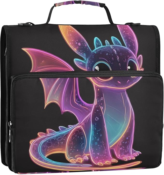 3 D-Ring Zipper Binder Bag, Cartoon Purple Glowing Dragon Removable Binder with Zipper Case Hold 300+ Sheets& 13 Inch Laptop for School Office Supplies Organizer