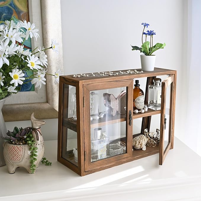 MOOCA Wood 4 Sides Glass Display Case with Double Doors, Adjustable Shelf | Brown wood-and-glass display case with double doors and adjustable 2-level storage for collectibles, jewelry, or pastries.