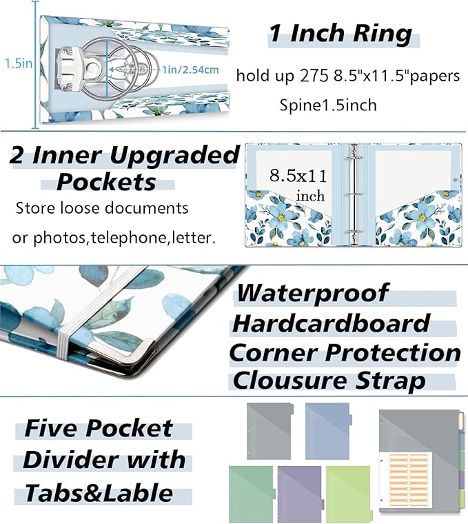 3 Ring 1 Inch Binder Organizer, KLLVE Three Ring Binders with Clipboard, 5-Tabs Pockets Dividers, Plastic Folder, 18 Divider Stikers,Pen Loop (Blue Flora, Letter Size)