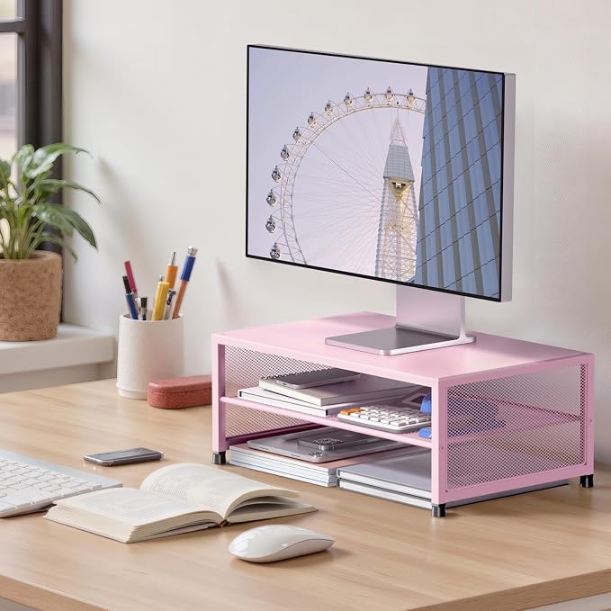 ECOLOVI 2-Tier Computer Monitor Stand Riser, Printer & Laptop Stand, Office Desk Accessories, Workspace Desk Organizer for Home Office Supplies, Pink