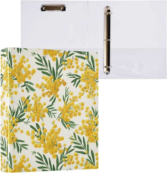 Small Yellow Mimosa Flower Print Binder 3 Ring 1.5 Inch Binder with Clipboard&Pockets, Hardcover Binders Heavy Duty Large File Folder for Office School Supplies - Holds 200 Sheets