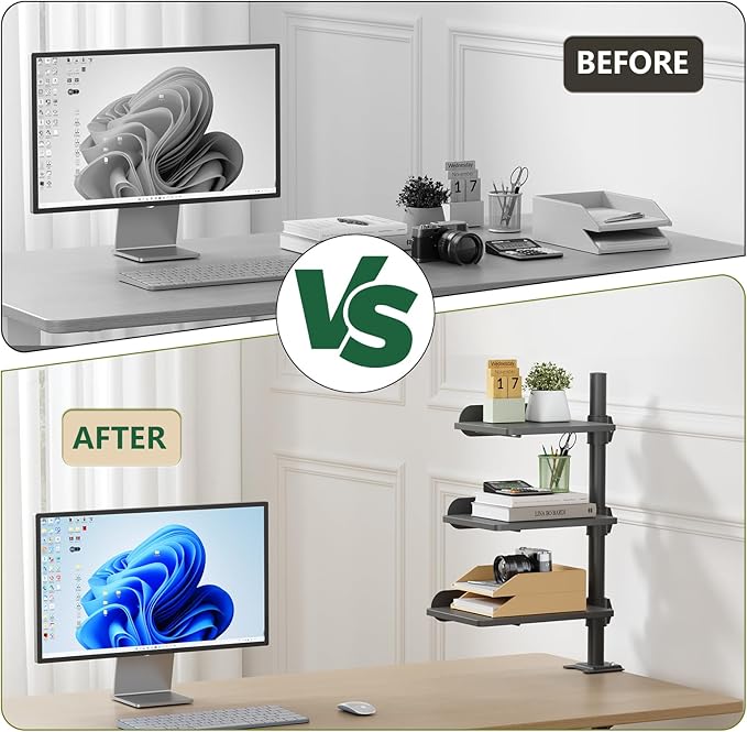 3 Tier Clamp on Desk Shelf, 360° Rotatable Desk Riser, Black | Height Adjustable Desktop Storage Tray with Baffle, Over or Under Desk Organizer Shelf for Office Accessories
