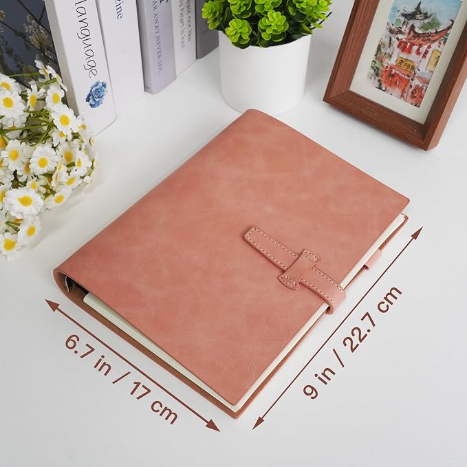 Refillable A5 Leather Binder Notebook, Reusable Leather Journal, Vintage Organizer with 6-Ring Metal Binder, 120 Pages Lined Paper & Pocket, for Writers Business Work Study College and Daily, Pink