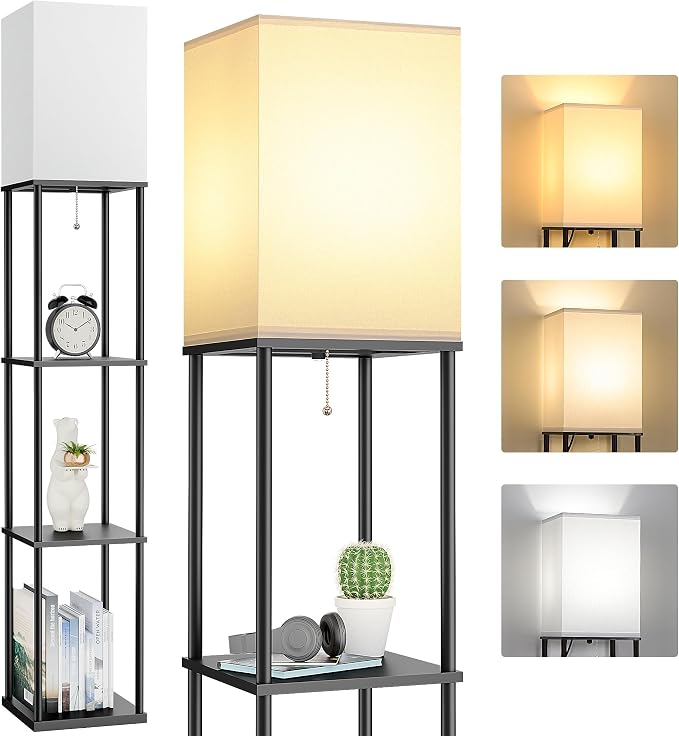Floor Lamp with Shelves, 3-Tier Modern Square Bookshelf Standing Lamp Black | 3 Color Temperature Bulb Included, Pull Chain Tall Lamp for Living Room Bedroom Corner Office Apartment Decor