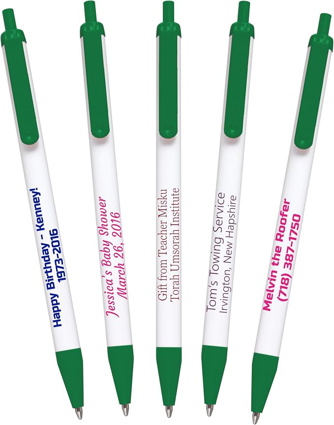 USA Made, Personalized Writing Ink Ballpoint Novelty Pens, Custom Printed with Your Logo & Text (Pack of 500 White Pens with Dark Green Trim)