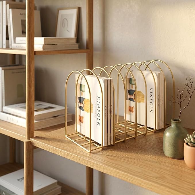 MyGift Brass Metal Wire File Desk Organizer Binder Holder with 8 Wide Slots | Vintage Arch Design Document Sorter Paperwork Files Workspace Organization Desktop Storage Solution Office School Business