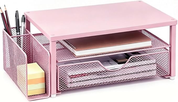 Spacrea Desk Organizer and Accessories, Computer Monitor Stand Riser with Drawer and 1 Open Pen Holder, Printer & Laptop Stand, Office Desk Accessories for Home Office Supplies (Pink)