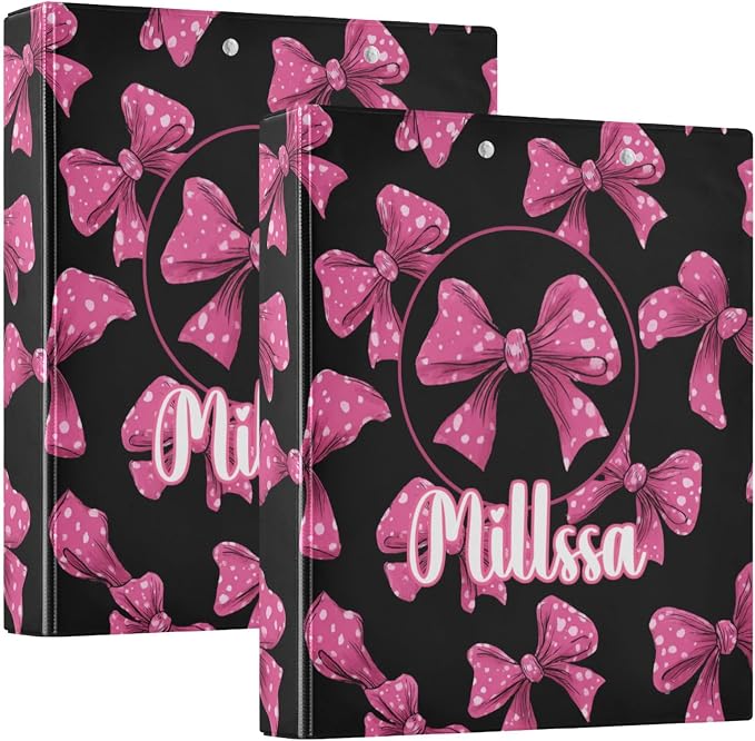 Pink Polka Dot 3 Ring Binder with Clipboard Round Ring Binders Bows Personalized Binder 3 Interior Clear Pockets for Office Supplies 2 Pack