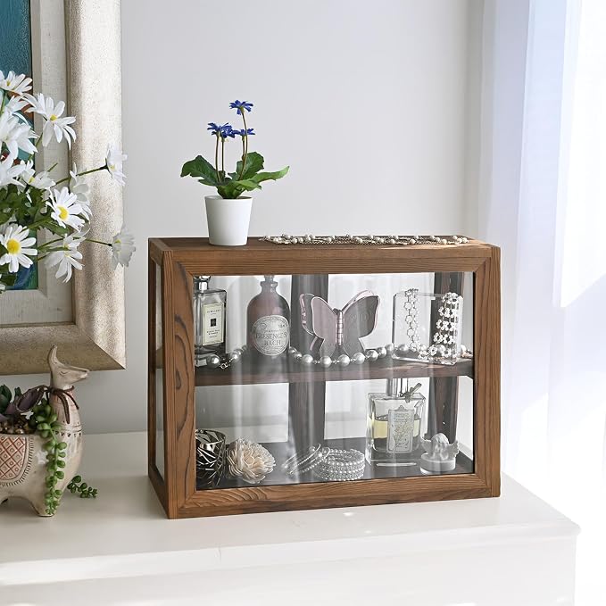MOOCA Wood 4 Sides Glass Display Case with Double Doors, Adjustable Shelf | Brown wood-and-glass display case with double doors and adjustable 2-level storage for collectibles, jewelry, or pastries.