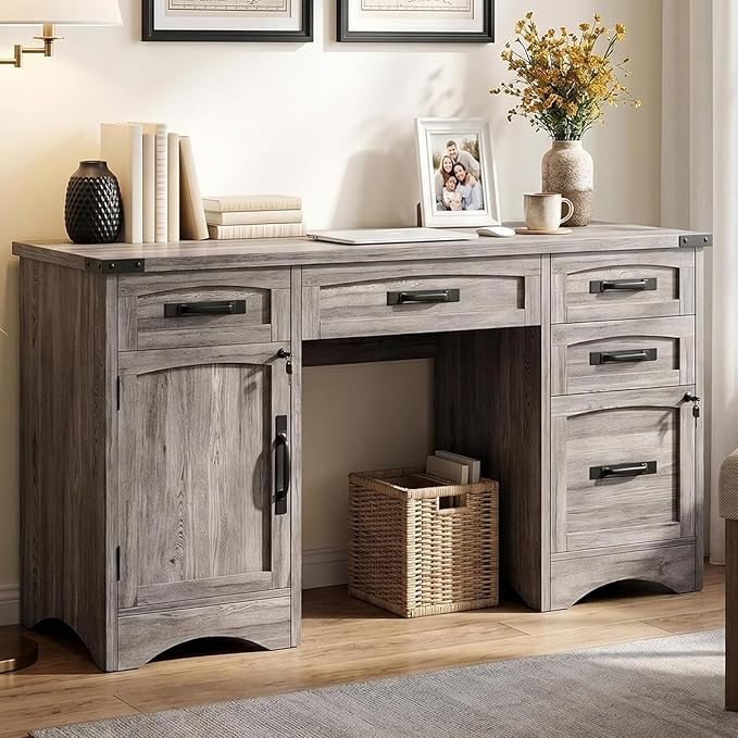 Decofy Farmhouse Executive Desk with Drawers, 55" Home Office Desks with Fast Charging Station, Lockable File Cabinet, Wood Writing Computer Desk for Work, Study, Grey