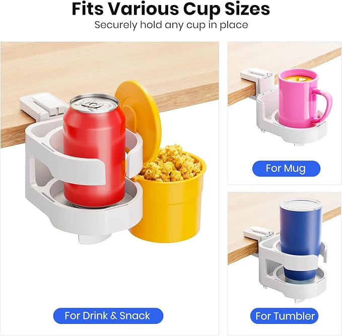 7-in-1 Cup Holder - EURPMASK Desk Organizer with Headphone, Controller Holder, Snack Bucket, and Phone Holder, Clamp-On Desk Accessory with Sturdy Large Storage, Easy to Install, White