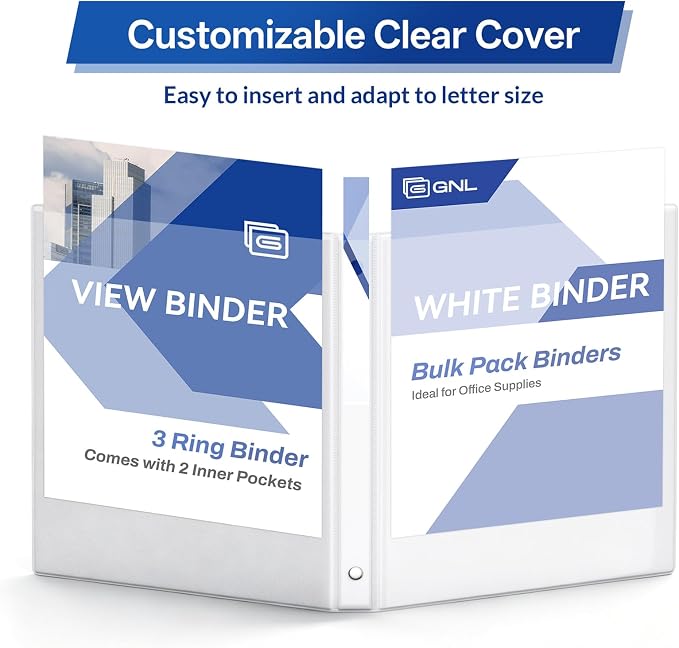 GNL 1/2 Inch Binders 3 Ring Economy 12 Packs White, Half Three Ring (Fits 100 Sheets of 8.5x11 Paper) Clear View PVC-Free & Non-Stick for School or Office Supplies