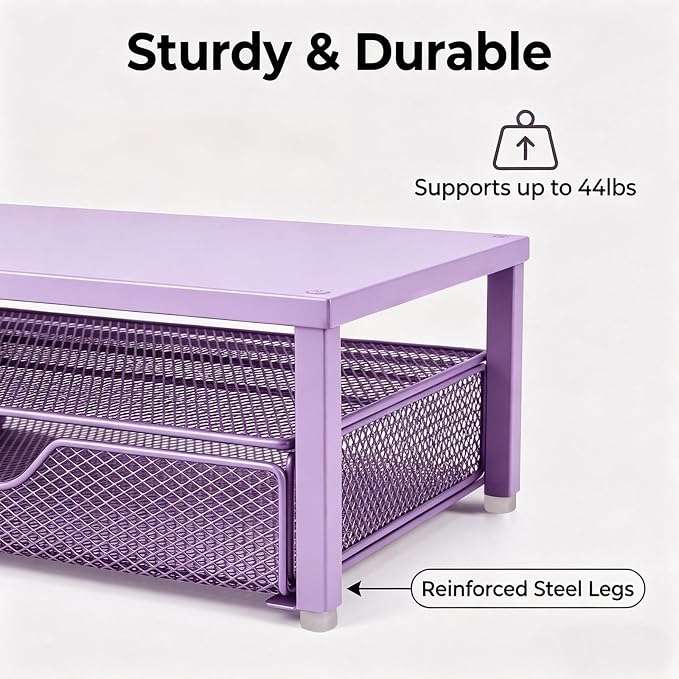 Spacrea Desk Organizer and Accessories, Computer Monitor Stand Riser with Drawer and 1 Open Pen Holder, Printer & Laptop Stand, Office Desk Accessories for Home Office Supplies (Purple)