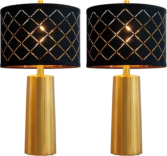 Set of 2 Modern Table Lamps for Living Room Bedroom, Gold Nightstand Resin Lamps with Black Grid Shade, Contemporary Desk Lamps for Bedside End Tables, 2 Bulbs Included (Gold) | Nightstand Resin Lamps with Black Grid Shade, Contemporary Desk Lamps for ...