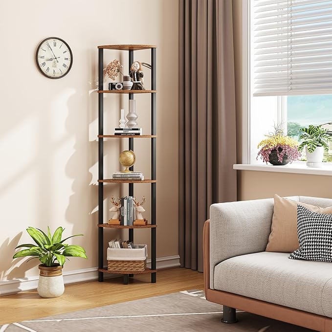 VIMBER Corner Shelf, 6-Tier Corner Bookshelf, Industrial Corner Ladder Shelf, DIY Storage Shelves, Rustic Display Shelf for Living Room, Bedroom, Kitchen, Home Office, Rustic Brown and Black UJSJ004F