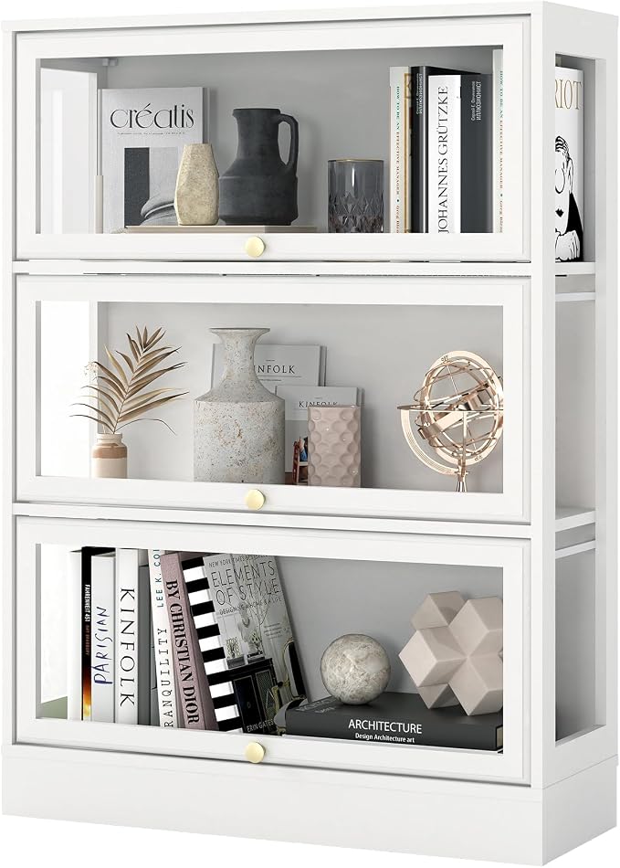Display Cabinet with Acrylic Glass Doors,3-Tiers Curio Cabinet with LED Lighting for Collectibles, Collectibles Toy Organizers Rack & Display Shelf Display Case Storage Cabinet, White