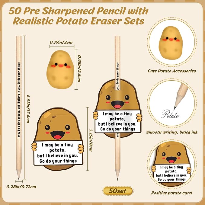 Jetec 50 Sets Inspirational Potato Pencil with Erasers and Thank You Card