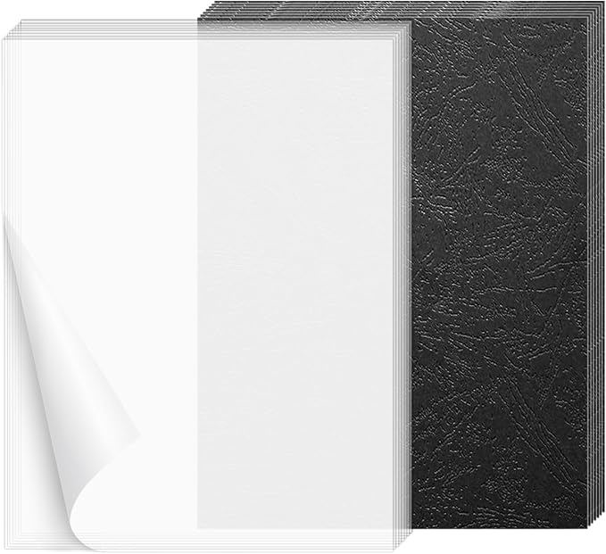 HOUYEE 100 Pack Binding Covers and Backs Set, 8.5x11 Inches, Letter Size | Including 50Pcs 5 Mil PVC Clear Binding Covers, 50Pcs 12 Mil Black Paper Leather Textured Back Covers, Office School Supplies