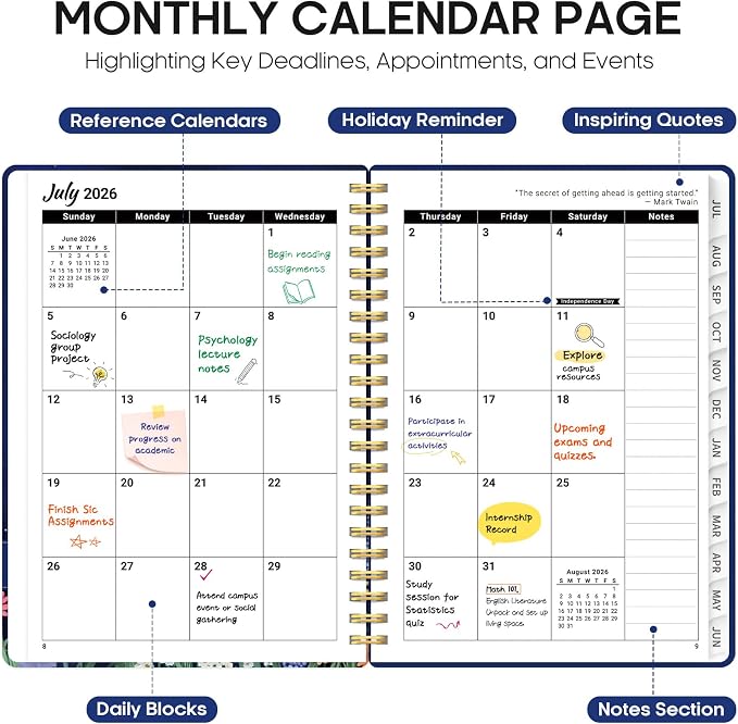 Taja Planner 2026-2027, Jul 2026-Jun 2027 Monthly & Weekly Calendar Planner | 6.3" x 8.5", Hardcover Academic Calendar, Teacher Student Agenda Book with Tabs, School Office Supplies, Lavish Bloom