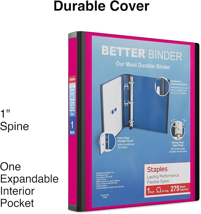 Staples Better Binder, 1-Inch 3-Ring View, Pink, 3-Pack