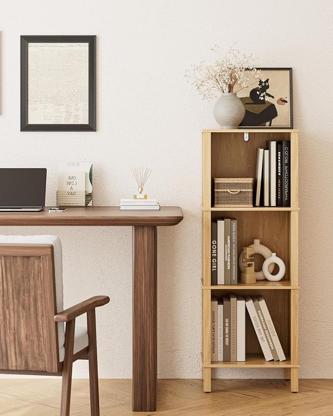 Bookshelf, Modern 3-Tier Bookcase, Open Storage Book Shelf, 11 × 14.2 × 38.9 Inches, Small Narrow Bookshelves for Living Room, Home Office, Bedroom, Natural