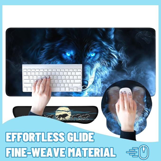 Blue Wolf Mouse Pad Set Glowing Eyes Fantasy Animal Smoke Art Gaming Mousepad 4in1 Desk Mat for Desktop Wrist Support Cup Coaster Set Ergonomic Computer Desk Arm Wrist for Decor Home Office