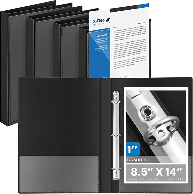 Henoyso 4 Pcs 1" Legal Size PP Plastic Binders with View Cover, Durable 3 Ring Black Binders for 8.5" x 14" Paper, Hold up to 175 Sheets for Documents, Office, Home, Work Places