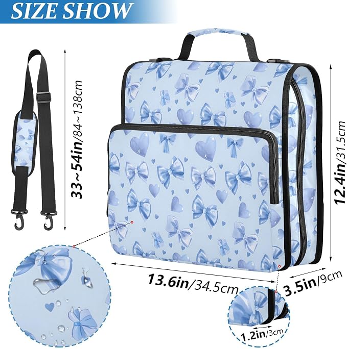 Light Blue Bows Hearts Zipper Binder 3 Ring with Handle and Shoulder Strap, 500 Sheet Binder Organizer Capacity & Multi-Pockets for School Office
