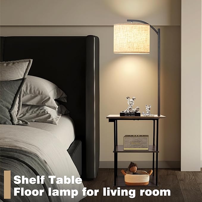 PESRAE Floor Lamp with Table, End Tables with Charging Station(USB & Type-C & AC Port), 3 Color Temperatures 9W LED Bulb, Modern Shelves Side Table for Bedroom, Living Room